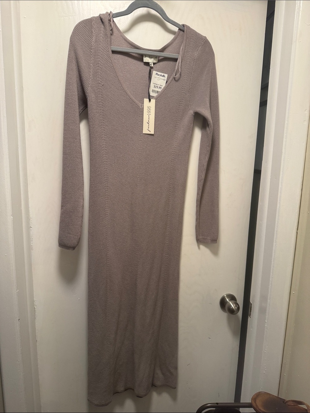Lush Taupe Long Sleeve V-Neck Hooded Knit Dress